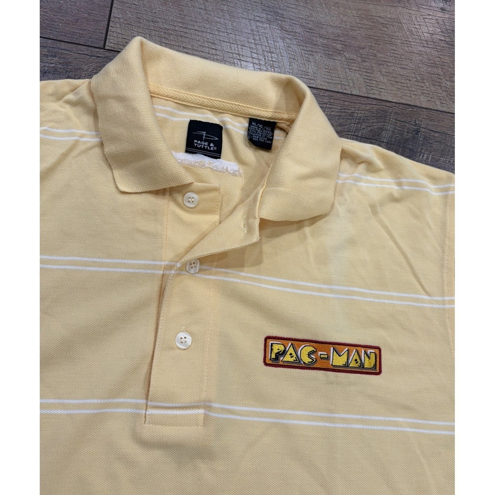 Vintage 90s Pacman Namco Video Game Promo Employee Striped Polo Shirt Yellow XL